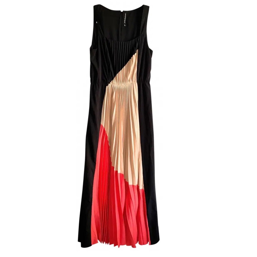 W118 by Walter Baker Katerina Pleated Colorblock Black Red Tan Maxi Dress XS EUC